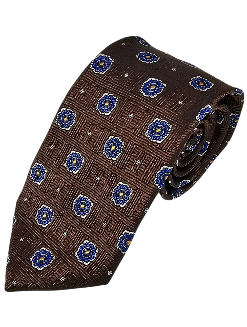 PAUL FREDRICK Chocolate Brown Blue Medallion Silk Tie Classic